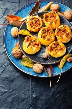 Freshly baked nuts buns. Fall sweets, cozy baking. Copy space