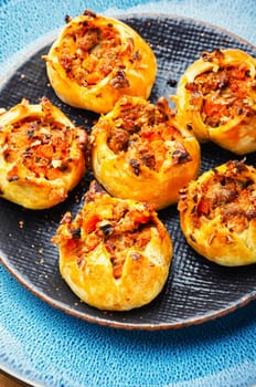 Freshly baked nuts buns. Fall sweets, cozy baking. Copy space