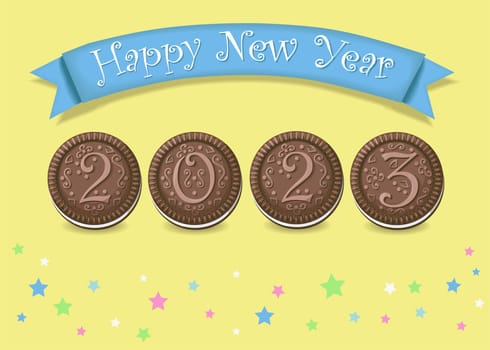 Sweets 2023. Artistic brown number as chocolate cookies with colorful cream. Yellow background with stars. Blue banner with white text Happy New Year. Greeting Card