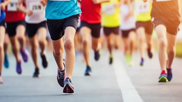 Group of marathon athletes running on asphalt road during a competition