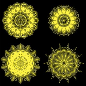 Set of Yellow Circle Geometric Ornaments. Guilloche Gold Rosettes Isolated. Ornamental Round Decor. Mandala Set.