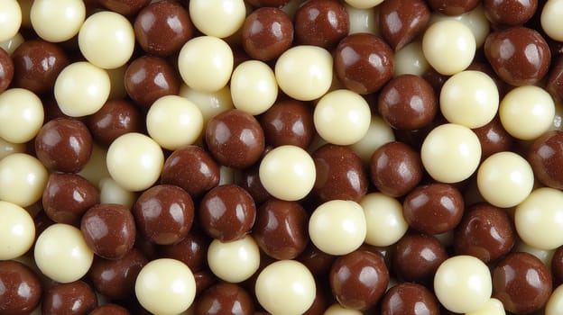 Delicious milk and dark chocolate balls creating a sweet candy background