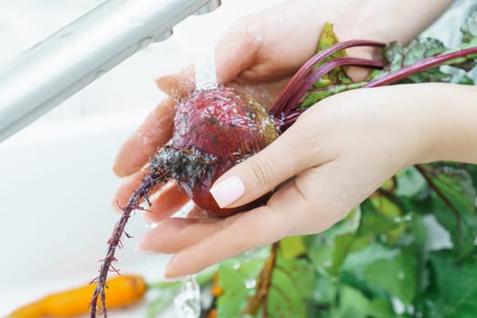 Cropped photo of woman washing fresh beet with leaves with hands under running splashing water in sink full of greenery, carrots in kitchen. Vegetables, preparation for cooking, healthy food, hygiene.