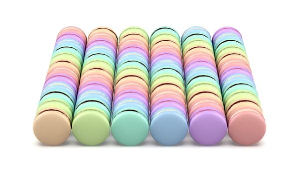 Many rows with colorful french macarons on white background