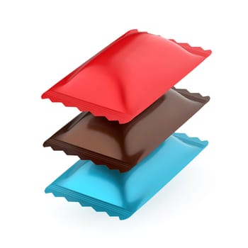 Three sachets with different colors for confectionary products