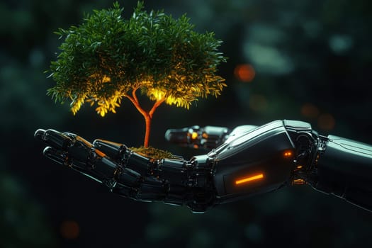 A hand robot holds a small plant with a glowing digital ai network symbol, representing biotechnology, genetic engineering, and sustainable innovation..