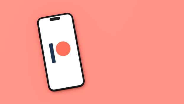 Patreon Logo on Mobile Phone Screen on Flat Red Background with Copy Space 3D Render Illustration, Top View