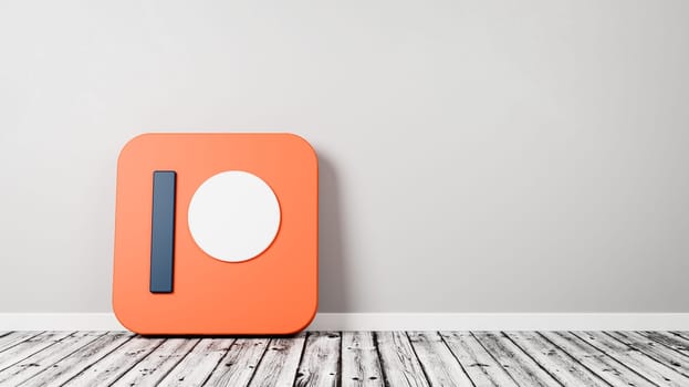 Patreon App Icon 3D Symbol Shape on Wooden Floor Against Gray Wall with Copy Space 3D Render Illustration
