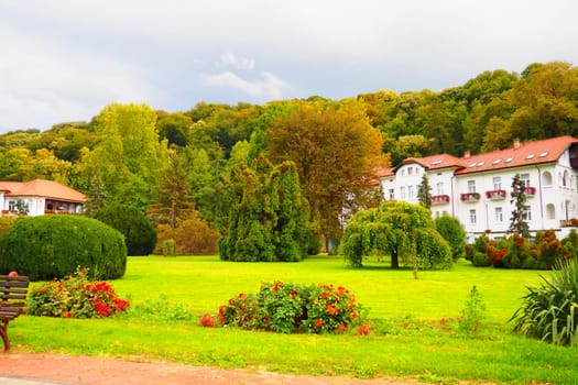 Banja Koviljaca, Serbia, Guchevo, Loznica, September 30, 2022. Rehabilitation center with sulfur and iron mineral waters. Park paths for walking. Gardening and tourism business Banja Koviljacha.