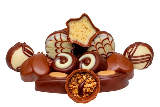 Chocolate candies collection. Beautifully assortment of various chocolate candies sweets isolated of a white background. Clipping path. Macro.