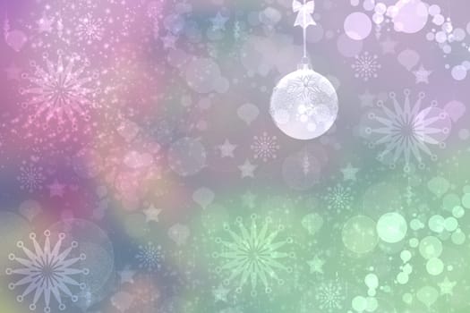 Abstract blurred festive winter christmas or Happy New Year background with shiny pink and green bokeh lighted xmas balls and stars. Space for your design. Card concept.