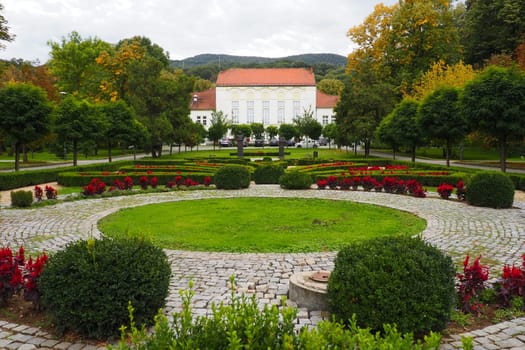 Banja Koviljaca, Serbia, Guchevo, Loznica, September 30, 2022. Rehabilitation center with sulfur and iron mineral waters. Park paths for walking. Gardening and tourism business Banja Koviljacha.