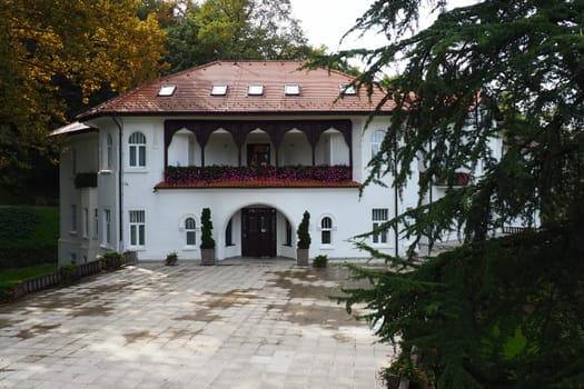 Banja Koviljaca, Serbia, Guchevo, Loznica, September 30 2022 Rehabilitation center with sulfur and iron mineral waters. Villa Herzegovina. Renovated building in Turkish style. Rehabilitation hospital