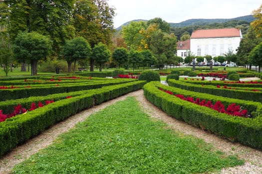 Banja Koviljaca, Serbia, Guchevo, Loznica, September 30, 2022. Rehabilitation center with sulfur and iron mineral waters. Park paths for walking. Gardening and tourism business Banja Koviljacha.