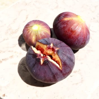 Fig or fig tree, or common fig tree, or Ficus carica is a subtropical deciduous plant of the genus Ficus of the Mulberry family. Ripe purple fig fruits on a light background. Healthy food.