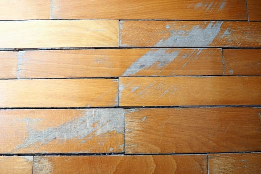 Old, scratched parquet flooring needs maintenance. The parquet is damaged by scratches from prolonged use.