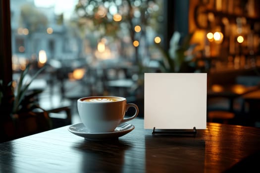 Blank menu card mockup on cafe table with coffee..