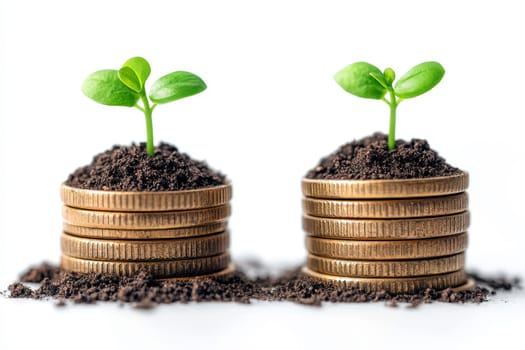 pile of golden coins symbolizes financial growth with small plant emerging from top representing on isolated white background..
