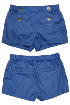 Summer shorts isolated. Set of an stylish fashionable blue short pant with with four fashionable buttons for the little girl isolated on a white background. Sexy kids fashion. Front and back view.