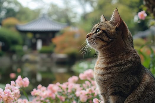 Photo of a white and gray cat with green eyes near a flower bed. The cat is happy about spring.