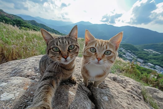 A couple of cats take a selfie together on a smartphone camera while on holiday in the mountains. Funny cats