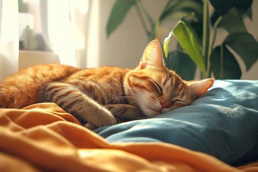 Domestic red cat sleeps sweetly on a pillow in the sun. Cozy photo of a cat at home.