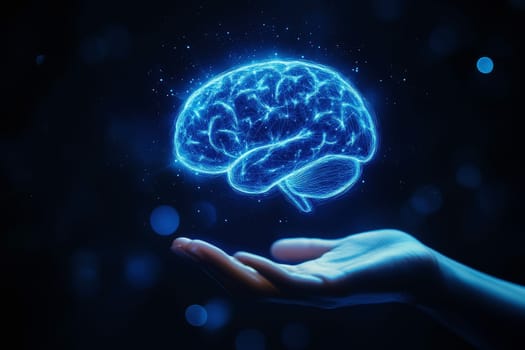 A hand holds a digital holographic brain, representing the tangible interface of artificial intelligence and cognitive technology in modern times..