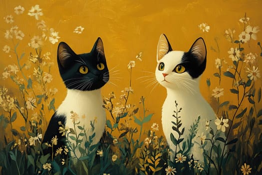 Two identical black and white cats sit opposite each other. Cats on a yellow background greet spring. Drawing.