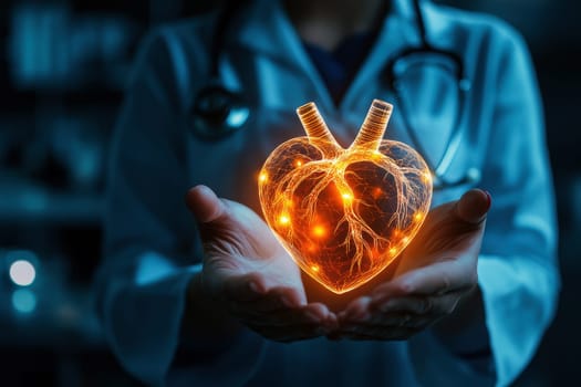 medical doctor holding glowing digital heart hologram, symbolizing advanced healthcare technology..