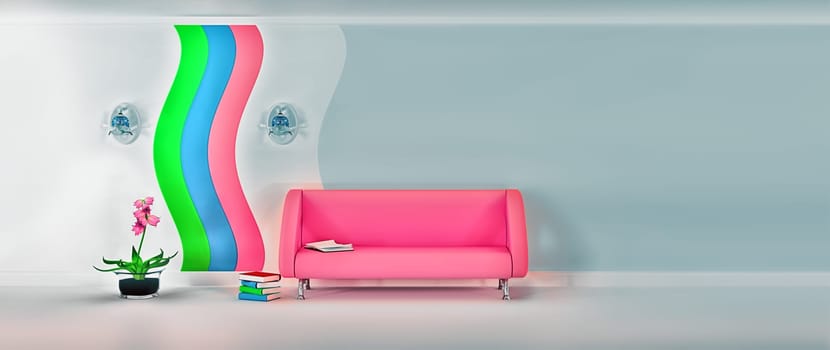 Empty sunny stylish minimalist modern living room with pink sofa, sconce, pink flower and grey wall on the picture with the proportions of 21:9