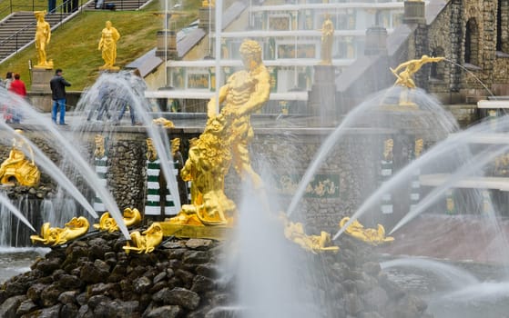 Famous Samson and Lion fountain in Peterhof Grand Palace, St. Petersburg, Russia