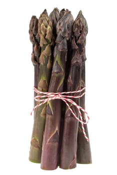 Bunch of purple asparagus exposed on white background