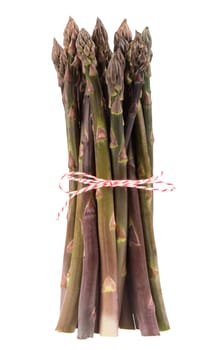 Bunch of purple asparagus exposed on white background