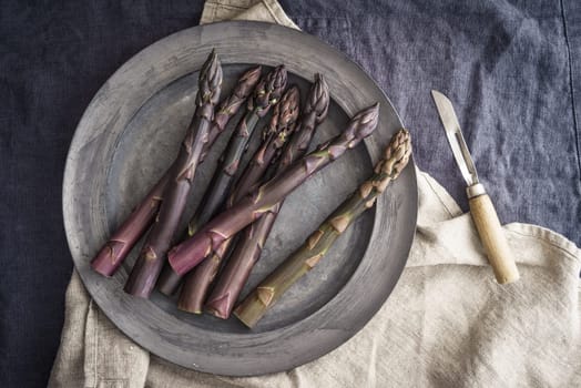 Fresh violet asparagus on old tin plate with old peeling knife on dark linen