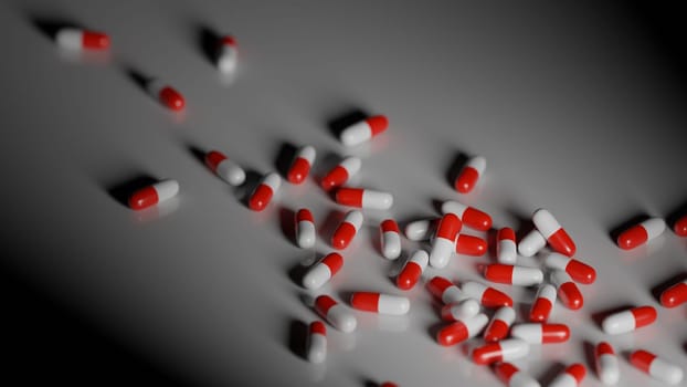 Red and white pills on white background. Prescription drugs addiction concept, pharmaceutical industry. Digital 3D render.