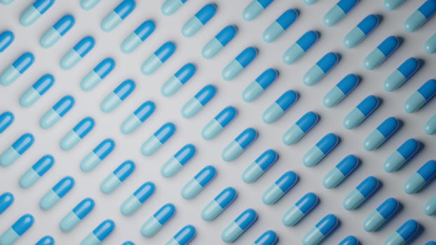 Light blue pills on white background. Pharmaceutical industry, medical treatment, presciption drugs concept. Digital 3D render.