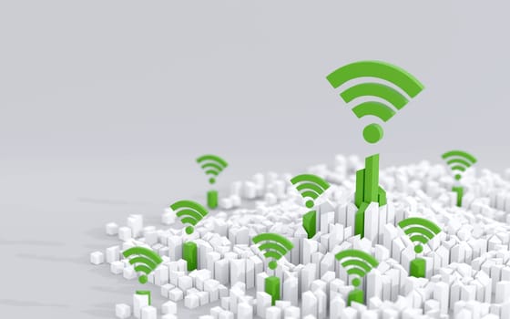 Wireless connectivity in urban environment. Modern, smart city concept. Digital 3D render.