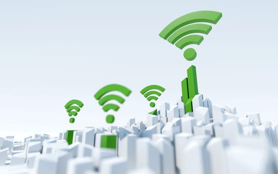 Wireless connectivity in urban environment. Modern, smart city concept. Digital 3D render.