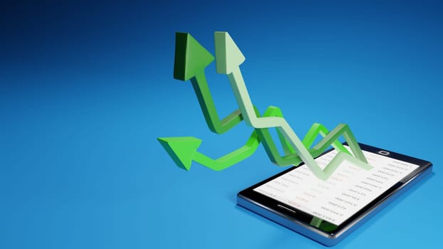 Stock market gains using a mobile device. Green arrows rising from a smartphone. Concept background digital 3D render.
