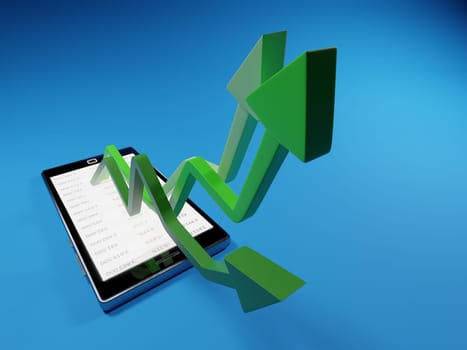 Stock market gains using a mobile device. Green arrows rising from a smartphone. Concept background digital 3D render.