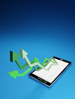 Stock market gains using a mobile device. Green arrows rising from a smartphone. Concept background digital 3D render.