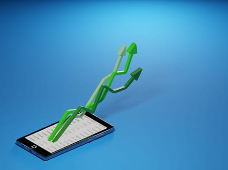 Stock market gains using a mobile device. Green arrows rising from a smartphone. Concept background digital 3D render.
