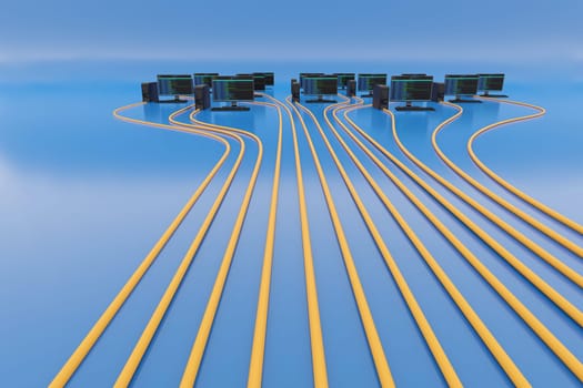 Cloud computing, network infrastructure concept on blue background with negative space. Digital 3D render.