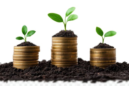 pile of golden coins symbolizes financial growth with small plant emerging from top representing on isolated white background..