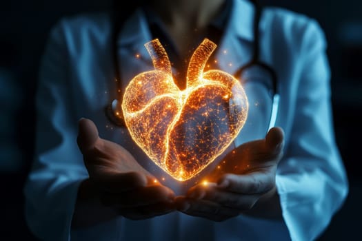medical doctor holding glowing digital heart hologram, symbolizing advanced healthcare technology..