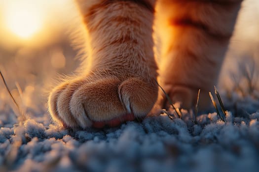 Cute cat paws close-up on carpet in sunlight. Domestic cat standing on carpet in living room. Pet paw health.