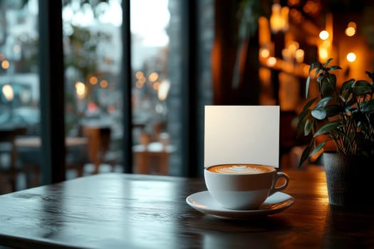 Blank menu card mockup on cafe table with coffee..