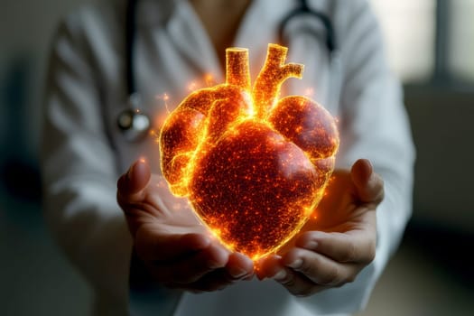 medical doctor holding glowing digital heart hologram, symbolizing advanced healthcare technology..