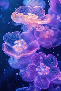 Transparent neon fluorescent flowers deep underwater. Vertical underwater background.