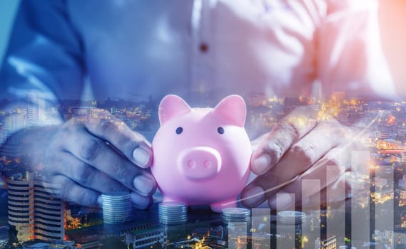 Duoble Exposure, Money and financial concept, Online Banking Savings Concept, Online Investment Savings, Online Stock Investors, Internet Financial Transactions